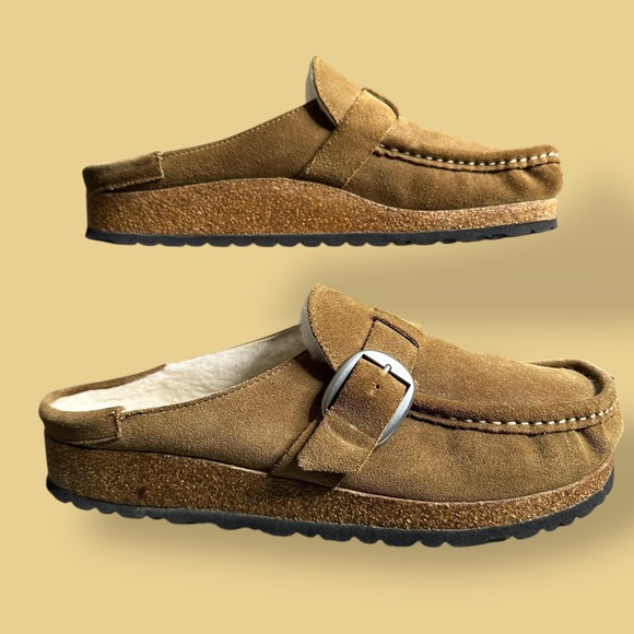 Birkenstock Buckley Shearling Suede Leather Clog Mules Tan Brown Size 41 - Picture 3 of 7